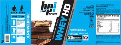 Photo of the BPI Sports Whey HD Chocolate Cookie label
