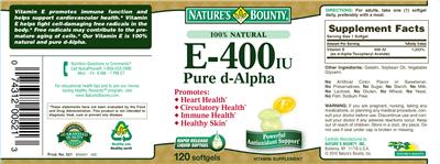 Photo of the Nature's Bounty E-400 IU Pure D-Alpha label