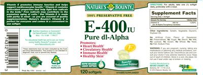 Photo of the Nature's Bounty E-400 IU Pure DL-Alpha label