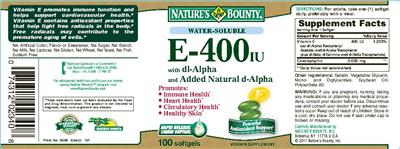 Photo of the Nature's Bounty Water-Soluble E-400 IU With Dl-Alpha And Added Natural D-Alpha label