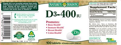 Photo of the Nature's Bounty D3-400 IU label