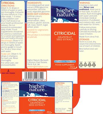 Photo of the Higher Nature Citricidal Grapefruit Seed Extract label