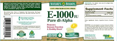 Photo of the Nature's Bounty E-1000 IU Pure Dl-Alpha label