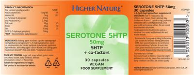 Photo of the Higher Nature Serotone 5HTP 50 mg label