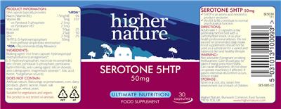Photo of the Higher Nature Serotone 5HTP 50 mg label