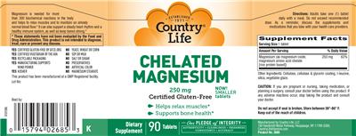 Photo of the Country Life Chelated Magnesium 250 mg label