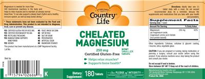 Photo of the Country Life Chelated Magnesium 250 mg label