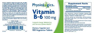 Photo of the PhysioLogics Vitamin B-6 100 mg label