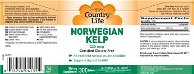 Photo of the Country Life Norwegian Kelp 225 mcg label
