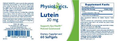 Photo of the PhysioLogics Lutein 20 mg label