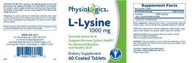 Photo of the PhysioLogics L-Lysine 1000 mg label