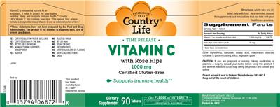 Photo of the Country Life Time Release Vitamin C With Rose Hips 1000 mg label