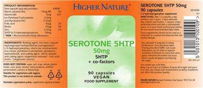 Photo of the Higher Nature Serotone 5HTP 50 mg label