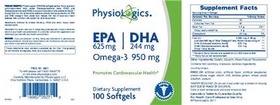 Photo of the PhysioLogics EPA 625 mg DHA 244 mg Omega-3 950 mg label