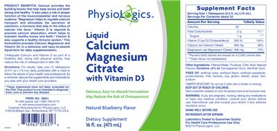 Photo of the PhysioLogics Liquid Calcium Magnesium Citrate with Vitamin D3 Natural Blueberry Flavor label