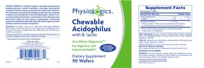 Photo of the PhysioLogics Chewable Acidophilus with B. Lactis Natural Strawberry Flavor label