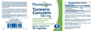 Photo of the PhysioLogics Turmeric Curcumin 500 mg label