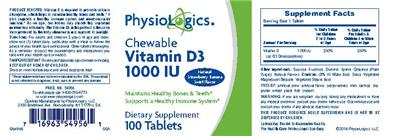 Photo of the PhysioLogics Chewable Vitamin D3 1000 IU Natural Strawberry Banana Swirl Flavor label