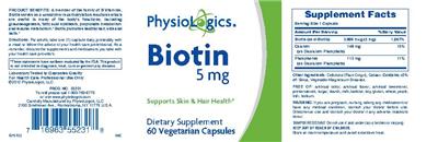 Photo of the PhysioLogics Biotin 5 mg label