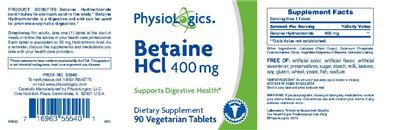 Photo of the PhysioLogics Betaine HCl 400 mg label
