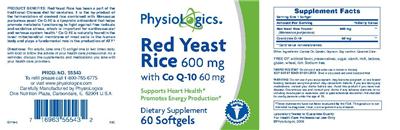 Photo of the PhysioLogics Red Yeast Rice 600 mg with Co Q-10 60 mg label