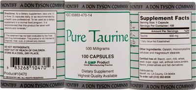 Photo of the Montiff Pure Taurine 500 Milligrams label