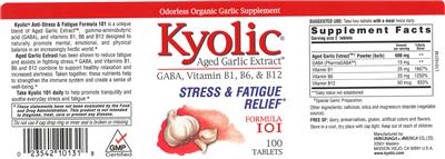 Photo of the Kyolic Kyolic GABA, Vitamin B1, B6, & B12 Formula 101 label