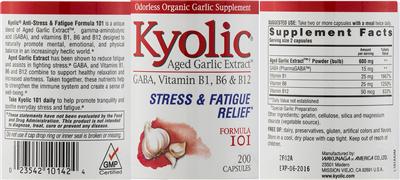 Photo of the Kyolic Kyolic GABA, Vitamin B1, B6 & B12 Formula 101 label