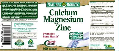 Photo of the Nature's Bounty Calcium Magnesium Zinc label