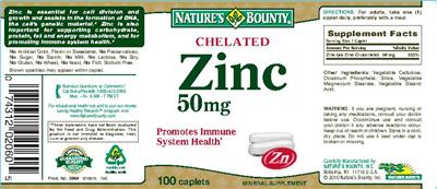 Photo of the Nature's Bounty Chelated Zinc 50 mg label