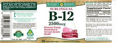 Photo of the Nature's Bounty Sublingual B-12 2500 mcg Natural Cherry Flavor label