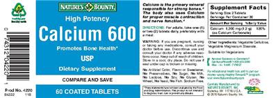 Photo of the Nature's Bounty High Potency Calcium 600 label