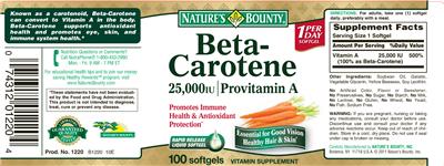 Photo of the Nature's Bounty Beta-Carotene 25,000 IU label