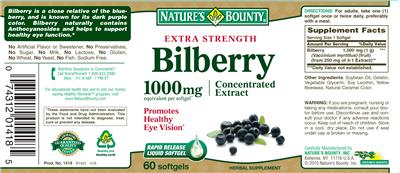 Photo of the Nature's Bounty Extra Strength Bilberry 1000 mg label