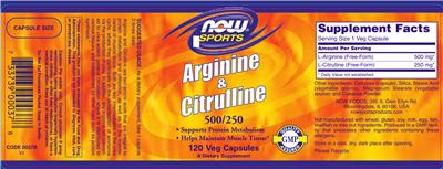 Photo of the NOW Sports Arginine & Citruline 500/250 label