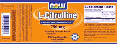 Photo of the NOW L-Citrulline 750 mg label