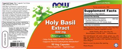 Photo of the NOW Holy Basil Extract 500 mg label