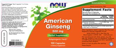 Photo of the NOW American Ginseng 500 mg label