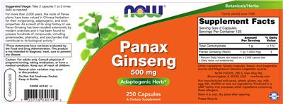 Photo of the NOW Panax Ginseng 500 mg label