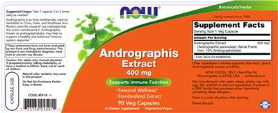 Photo of the NOW Andrographis Extract 400 mg label