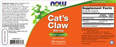 Photo of the NOW Cat's Claw 500 mg label