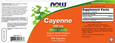 Photo of the NOW Cayenne 500 mg label