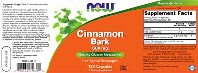 Photo of the NOW Cinnamon Bark 600 mg label