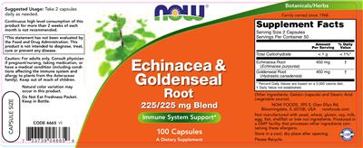Photo of the NOW Echinacea & Goldenseal Root 225/225 mg Blend label