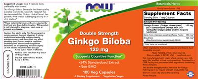 Photo of the NOW Double Strength Ginkgo Biloba 120 mg label