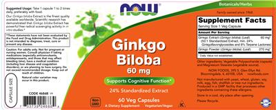 Photo of the NOW Ginkgo Biloba 60 mg label