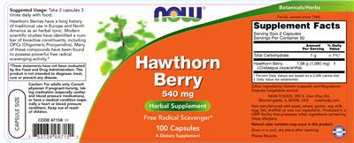 Photo of the NOW Hawthorn Berry 540 mg label