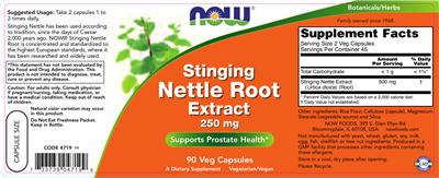 Photo of the NOW Stinging Nettle Root Extract 250 mg label