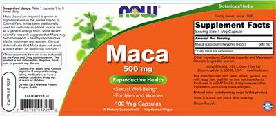 Photo of the NOW Maca 500 mg label
