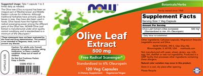 Photo of the NOW Olive Leaf Extract 500 mg label